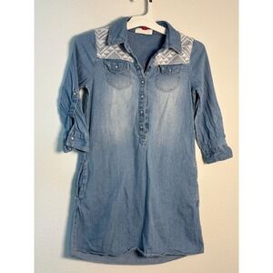 Red Camel Girls XL‎ Blue Denim Shirt Dress Crochet Lace Shoulder Roll Tab Sleeve